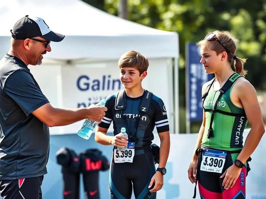 A photo of athletes receiving support and resources from TEAM FABIEN JAMMOT TRIATHLON, highlighting the organization's commitment to athlete development.