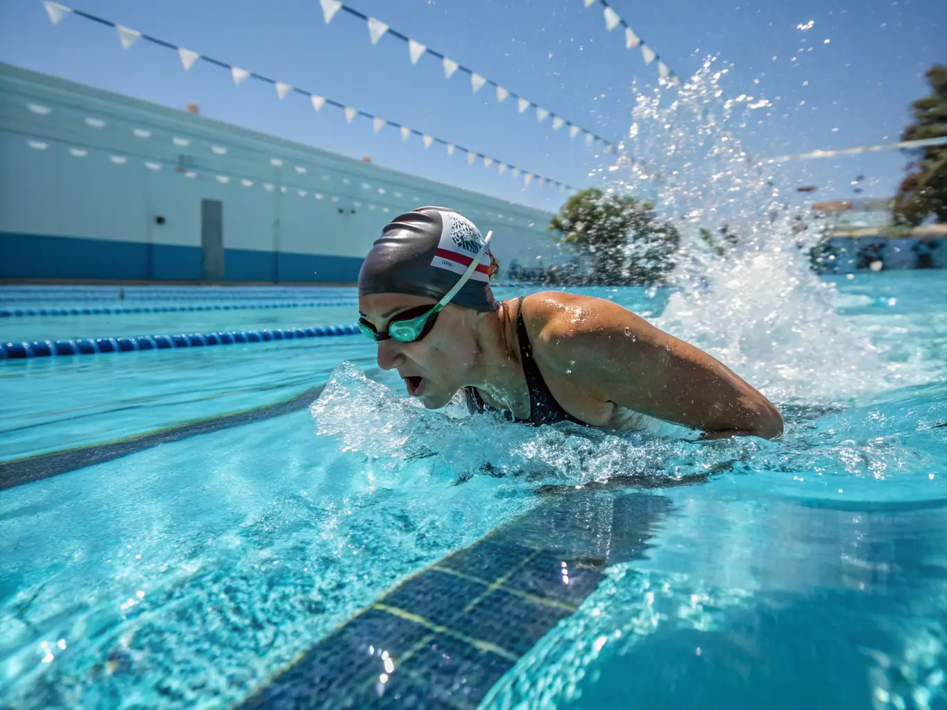A group of triathletes participating in a swim training session in a clear, open-water environment, focusing on technique and endurance.