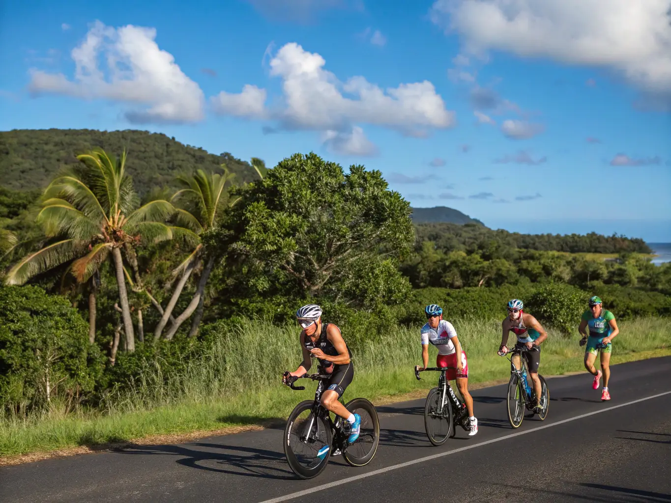 A group of triathletes participating in a swim training session in a clear blue lake, early morning light, showcasing teamwork and dedication.