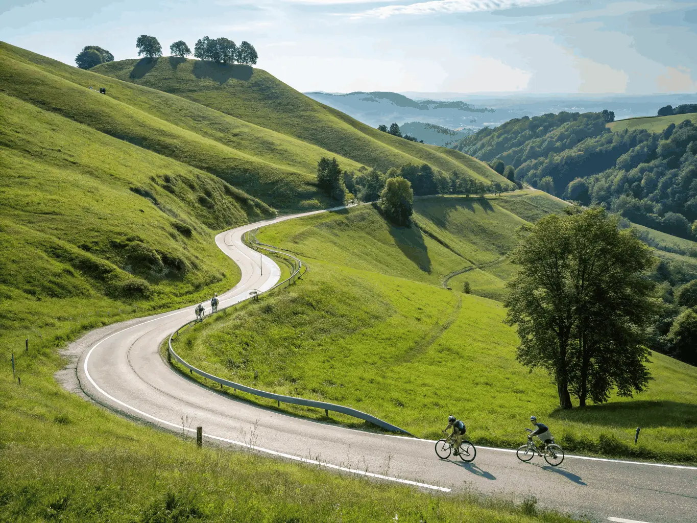 A cyclist riding on a scenic route during a triathlon event, showcasing the beauty of the landscape and the challenge of the sport.