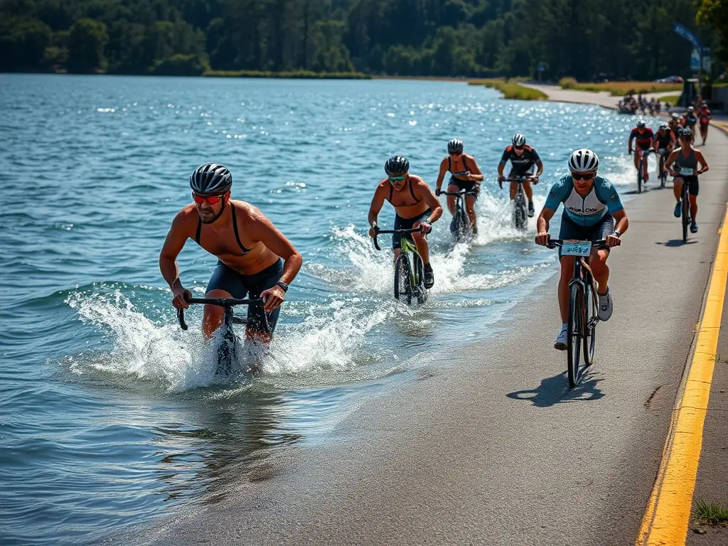 A group of triathletes participating in a swim training session in a clear blue lake, early morning light, showcasing their dedication and teamwork.