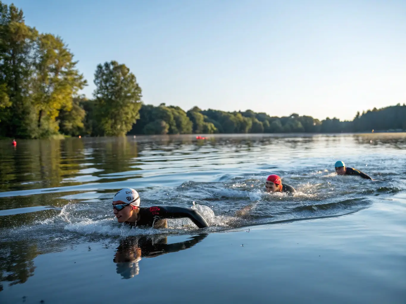 A group of triathletes participating in a swim training session in a clear blue lake, early morning light, showcasing teamwork and dedication.