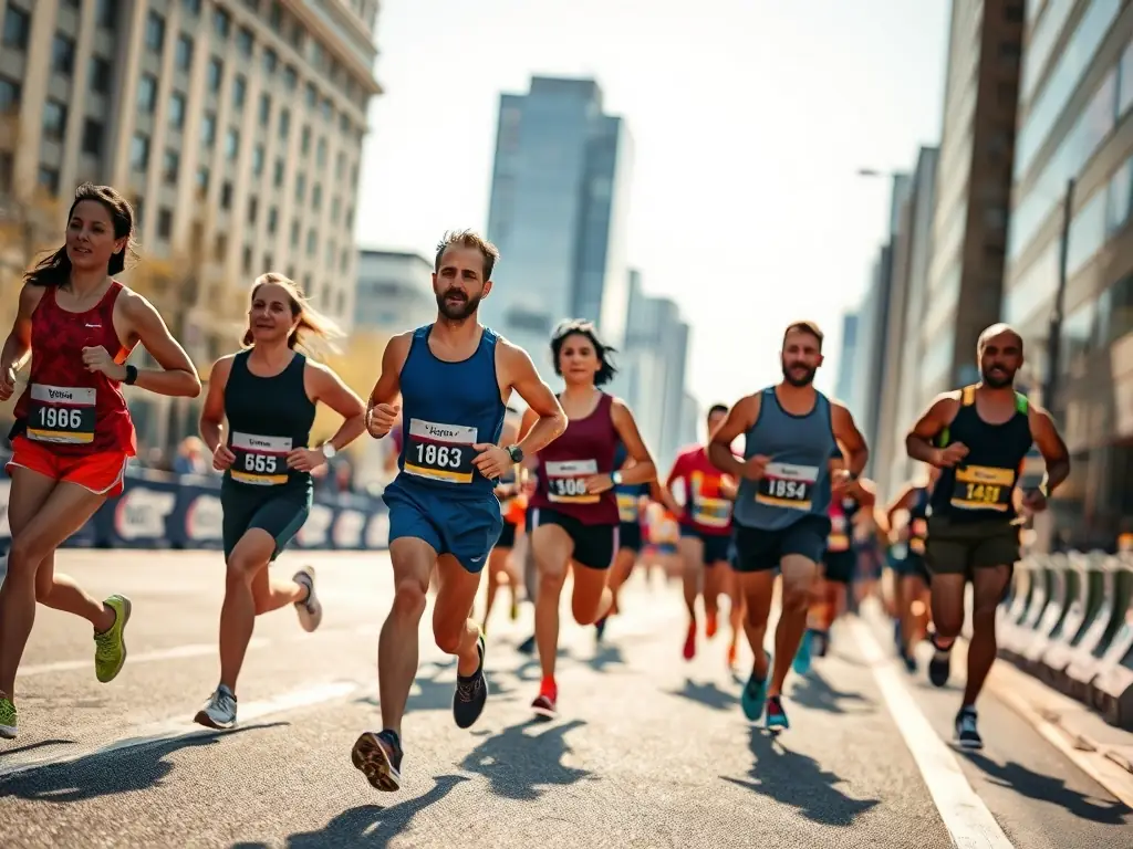 A diverse group of runners participating in a TEAM FABIEN JAMMOT TRIATHLON organized marathon, showcasing community engagement and healthy lifestyles.